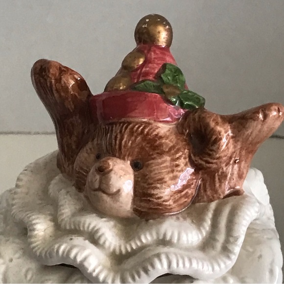 Fitz & Floyd 1992 Patchwork Quilted Teddy Bear With A Christmas Hat Trinket Box - Picture 5 of 16